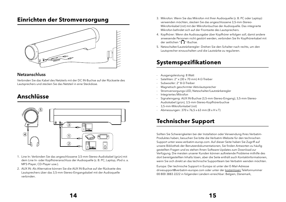 14 15 einrichten der stromversorgung, Anschlüsse, Systemspeziﬁ kationen | Technischer support | Verbatim Multimedia Audio Bar 2.1 Speaker System User Manual | Page 8 / 33