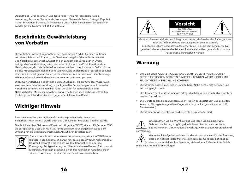 Beschränkte gewährleistung von verbatim, Wichtiger hinweis, Vorsicht | Warnung | Verbatim Multimedia Audio Bar 2.1 Speaker System User Manual | Page 9 / 33