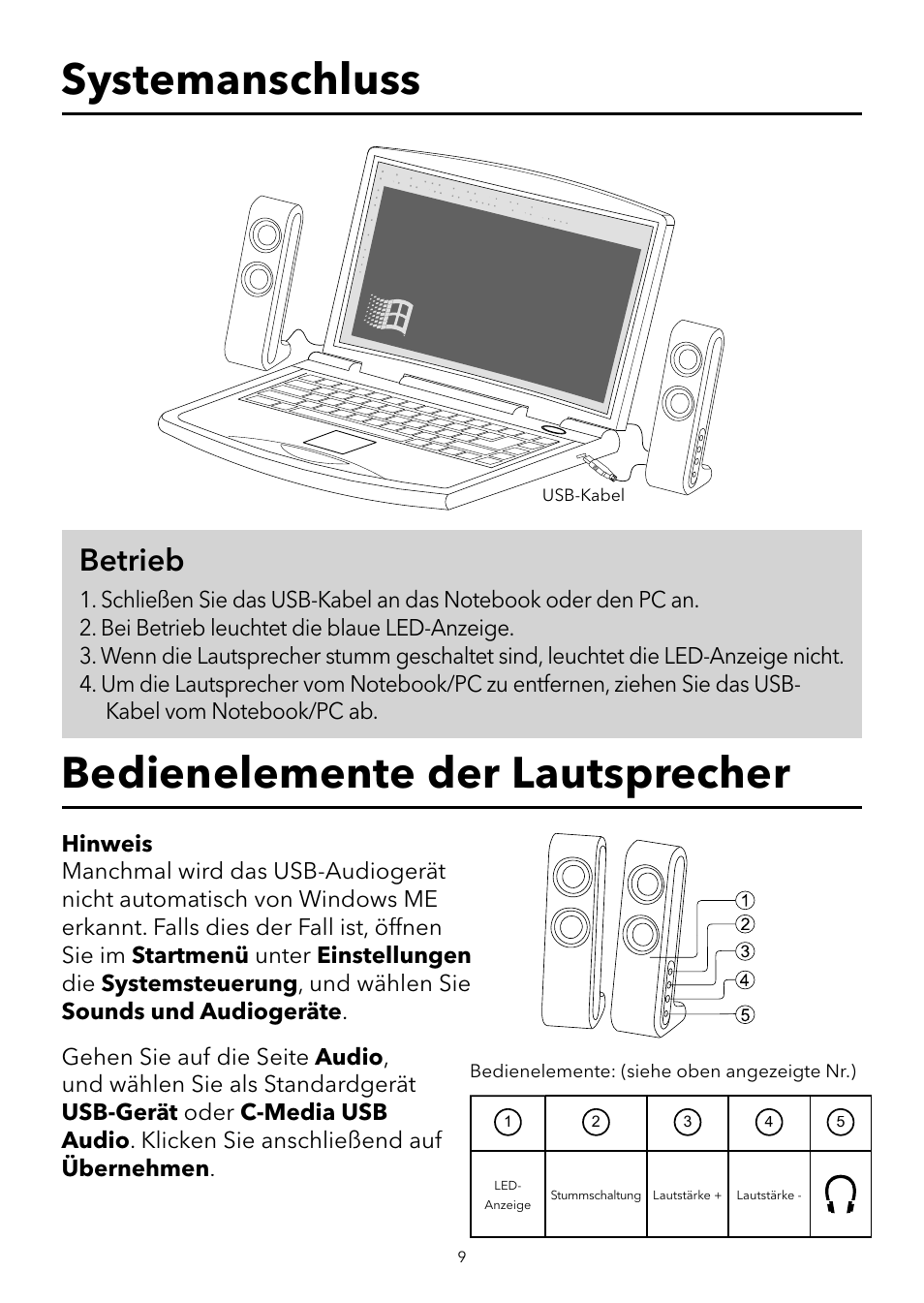 Systemanschluss bedienelemente der lautsprecher, Betrieb | Verbatim USB Speaker System User Manual | Page 10 / 48