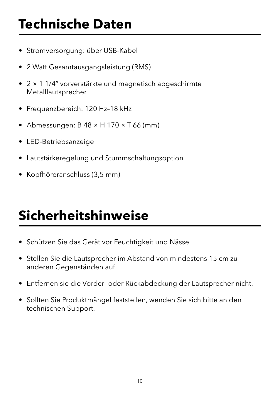 Technische daten, Sicherheitshinweise | Verbatim USB Speaker System User Manual | Page 11 / 48