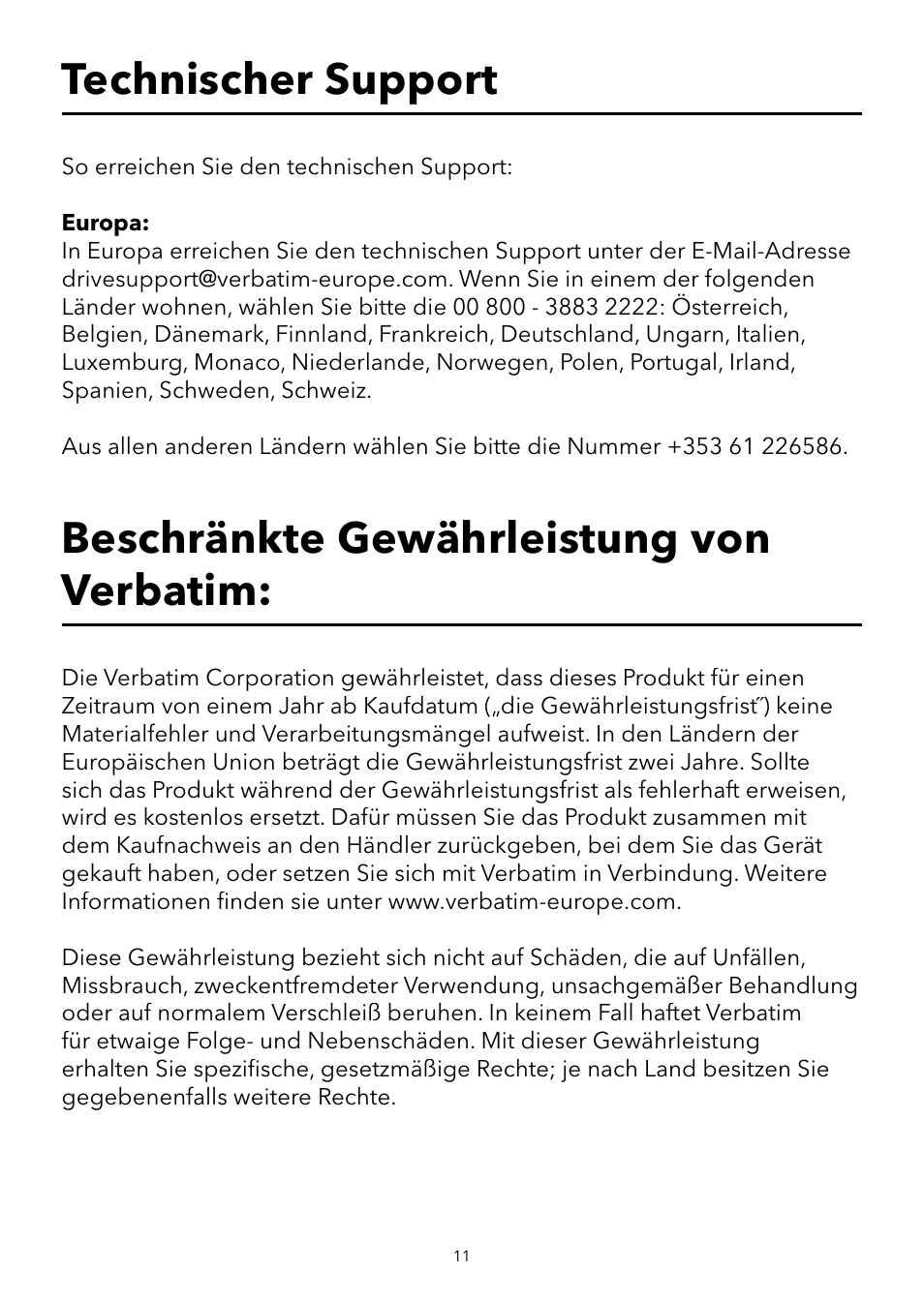 Beschränkte gewährleistung von verbatim, Technischer support | Verbatim USB Speaker System User Manual | Page 12 / 48