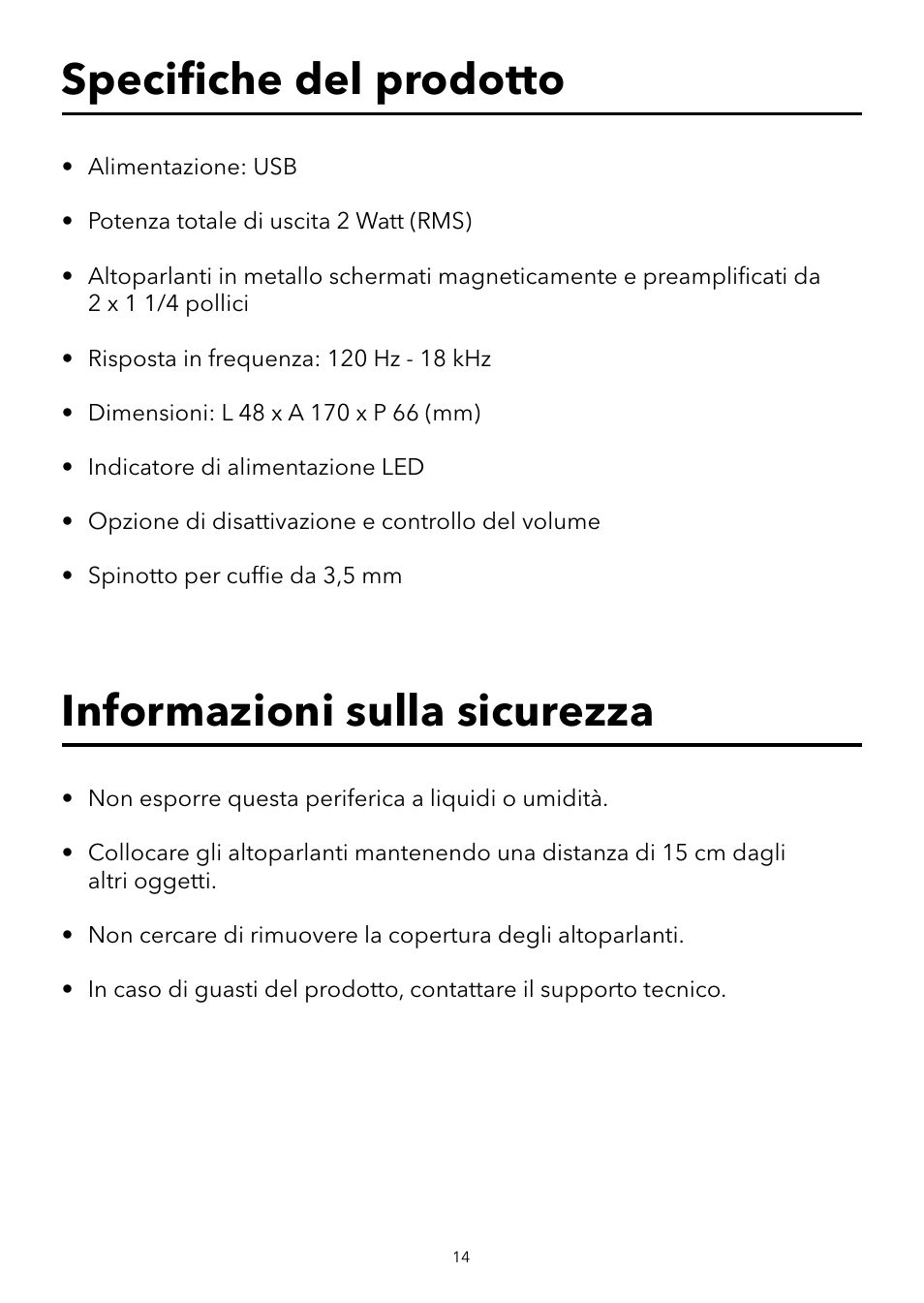 Speciﬁ che del prodotto, Informazioni sulla sicurezza | Verbatim USB Speaker System User Manual | Page 15 / 48