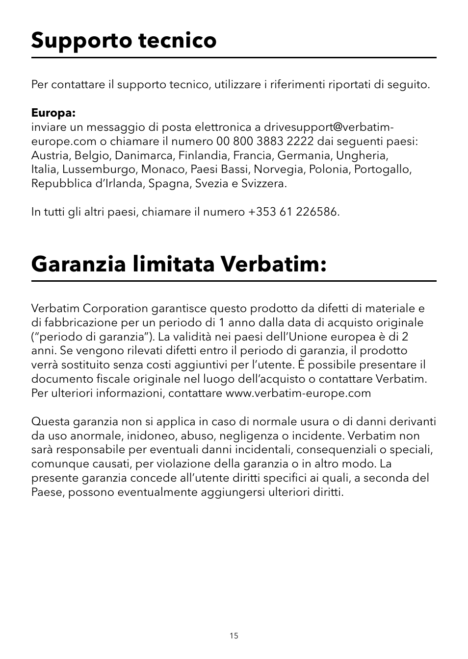 Garanzia limitata verbatim, Supporto tecnico | Verbatim USB Speaker System User Manual | Page 16 / 48