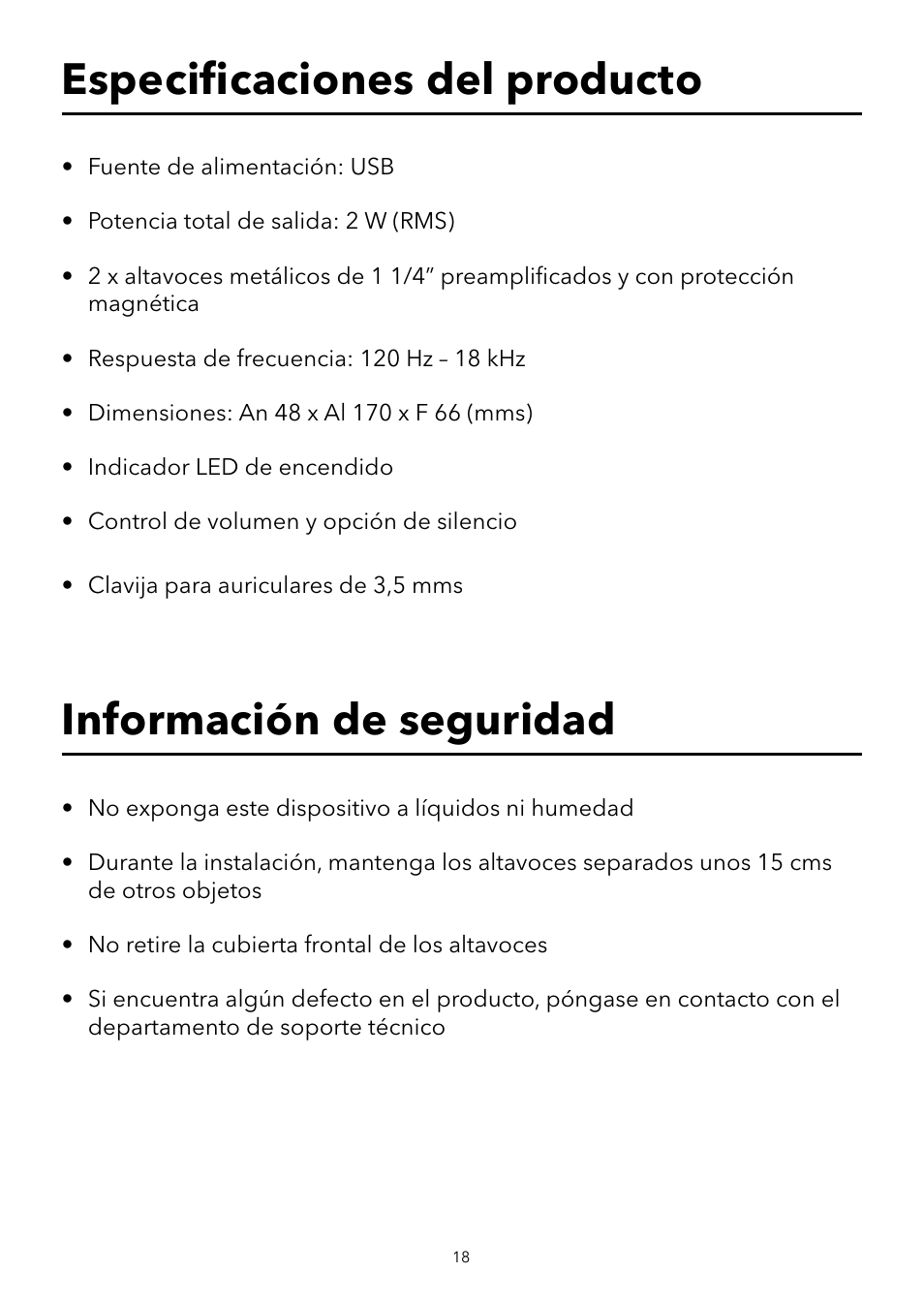 Especiﬁ caciones del producto, Información de seguridad | Verbatim USB Speaker System User Manual | Page 19 / 48