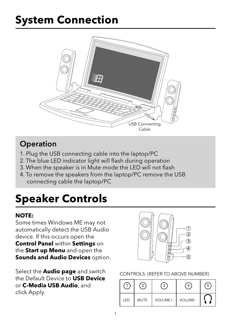 System connection speaker controls, Operation | Verbatim USB Speaker System User Manual | Page 2 / 48