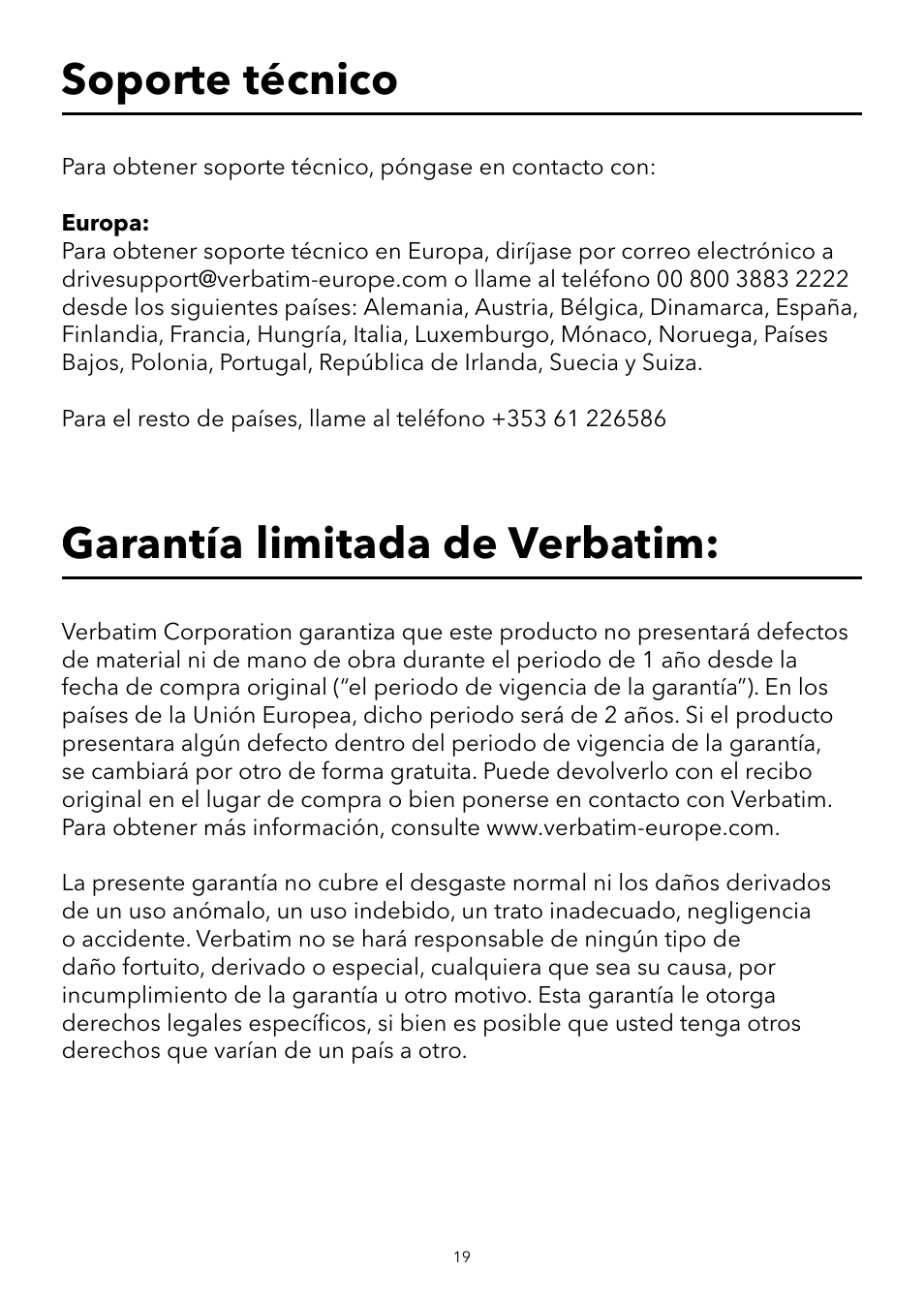 Garantía limitada de verbatim, Soporte técnico | Verbatim USB Speaker System User Manual | Page 20 / 48