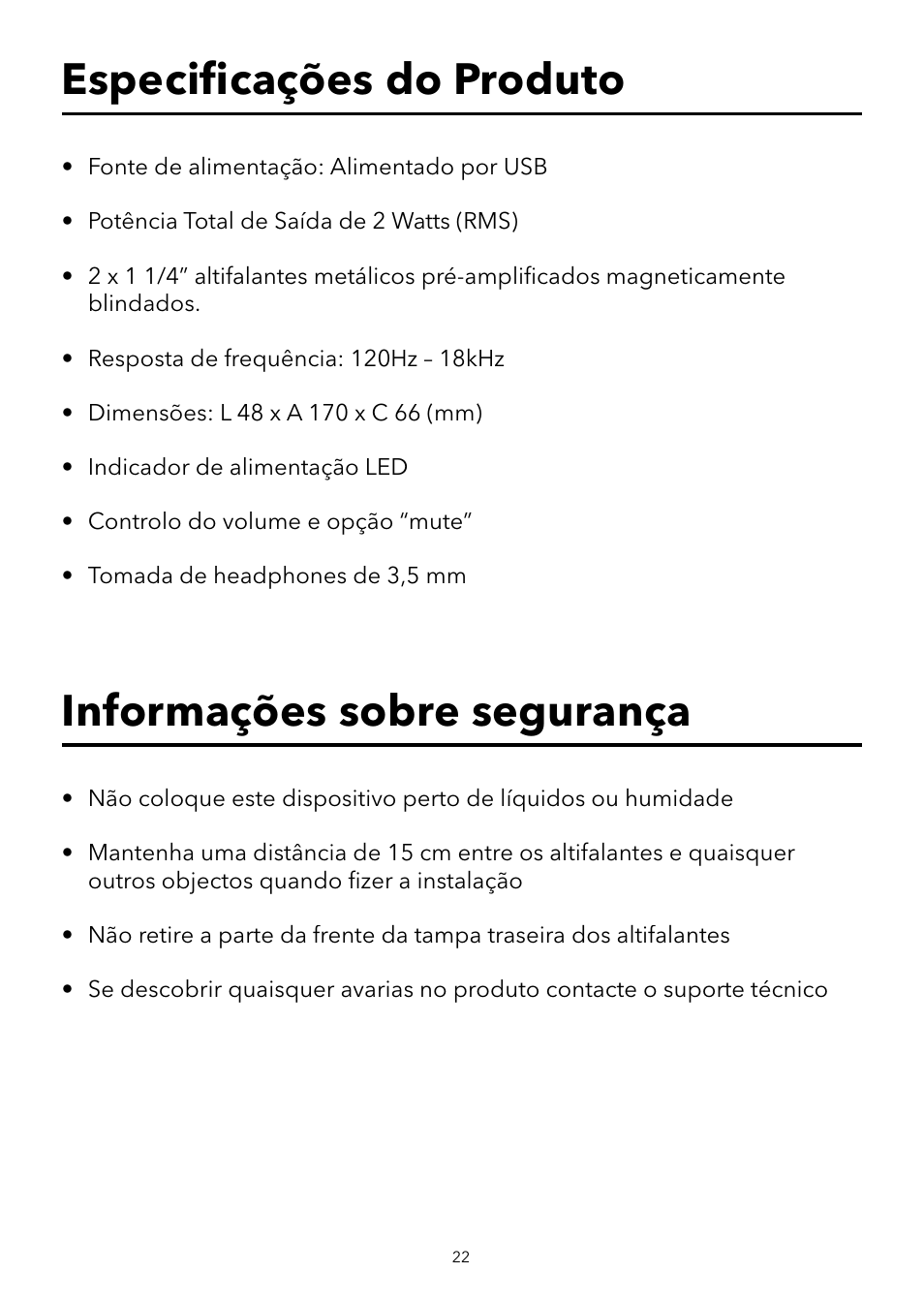 Especiﬁ cações do produto, Informações sobre segurança | Verbatim USB Speaker System User Manual | Page 23 / 48