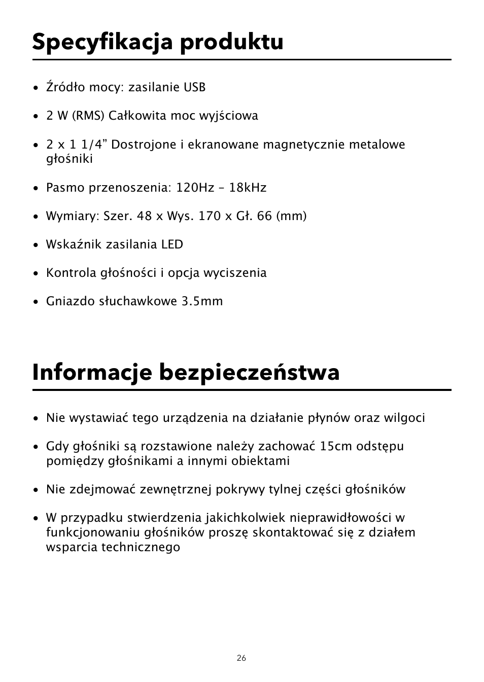 Specyﬁ kacja produktu, Informacje bezpieczeństwa | Verbatim USB Speaker System User Manual | Page 27 / 48