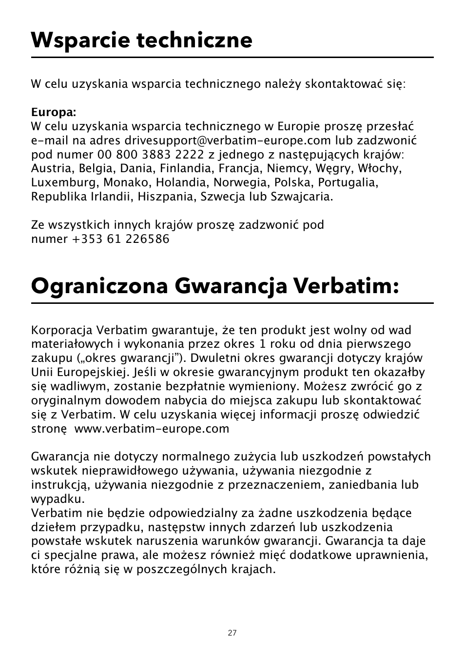 Ograniczona gwarancja verbatim, Wsparcie techniczne | Verbatim USB Speaker System User Manual | Page 28 / 48