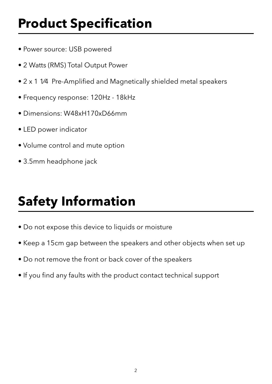 Product speciﬁ cation, Safety information | Verbatim USB Speaker System User Manual | Page 3 / 48