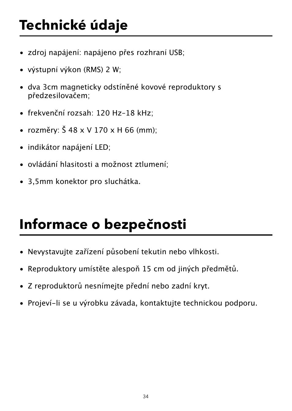 Technické údaje, Informace o bezpečnosti | Verbatim USB Speaker System User Manual | Page 35 / 48