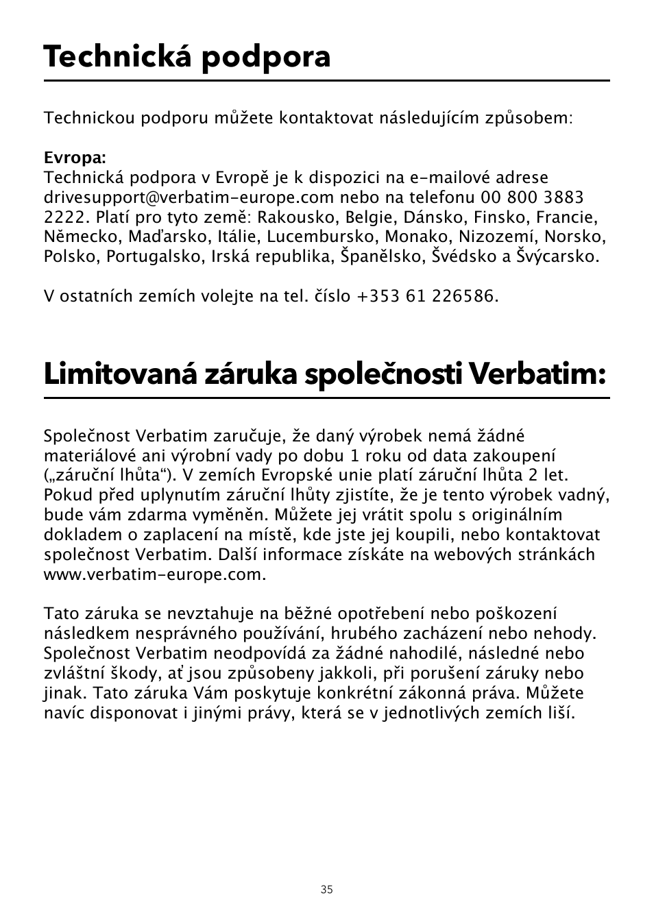 Limitovaná záruka společnosti verbatim, Technická podpora | Verbatim USB Speaker System User Manual | Page 36 / 48