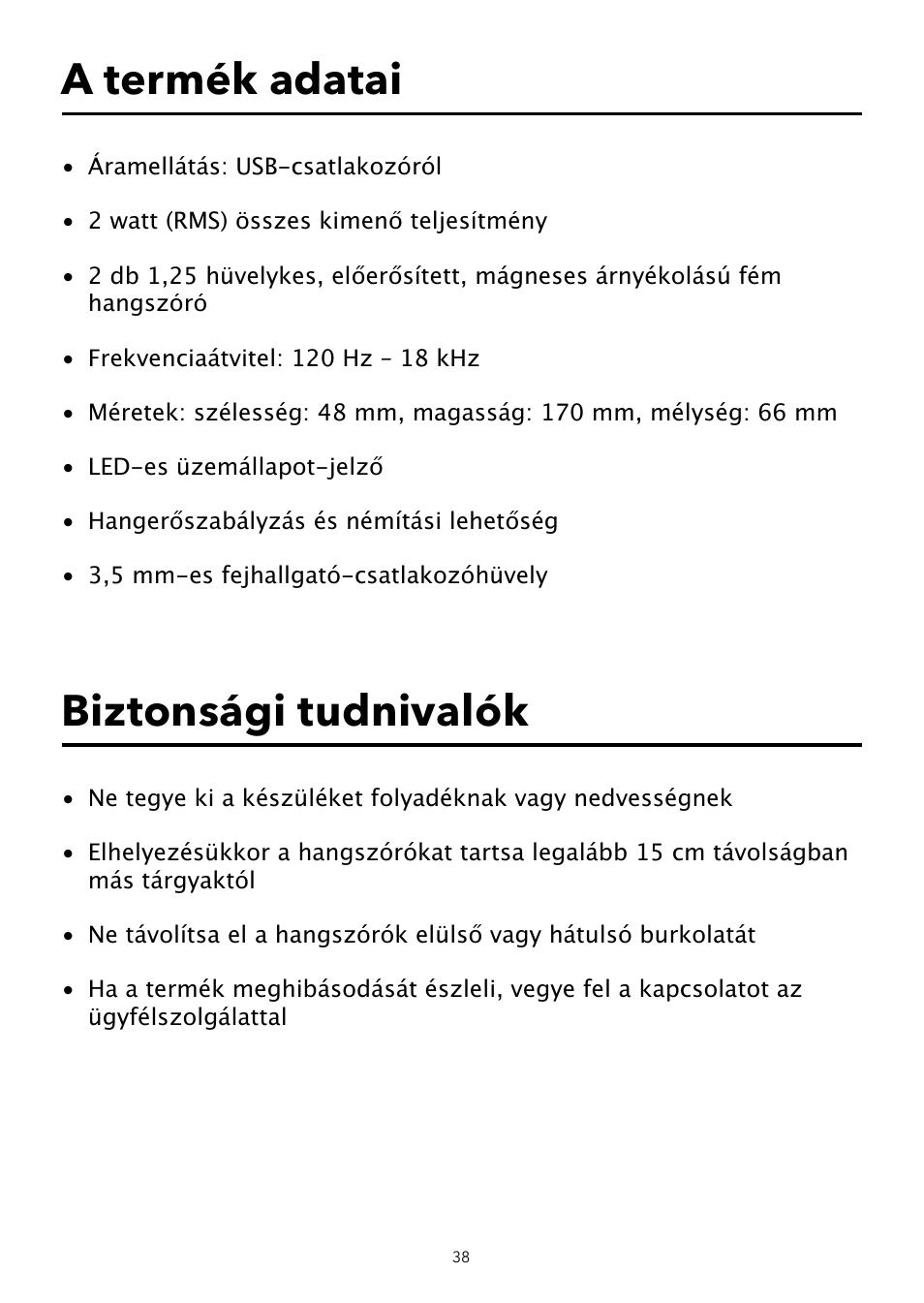 A termék adatai, Biztonsági tudnivalók | Verbatim USB Speaker System User Manual | Page 39 / 48