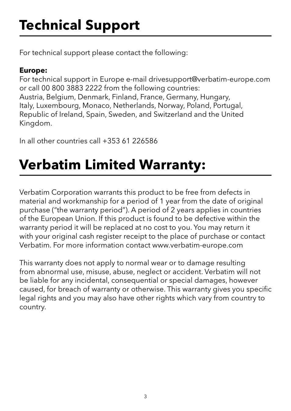 Verbatim limited warranty, Technical support | Verbatim USB Speaker System User Manual | Page 4 / 48