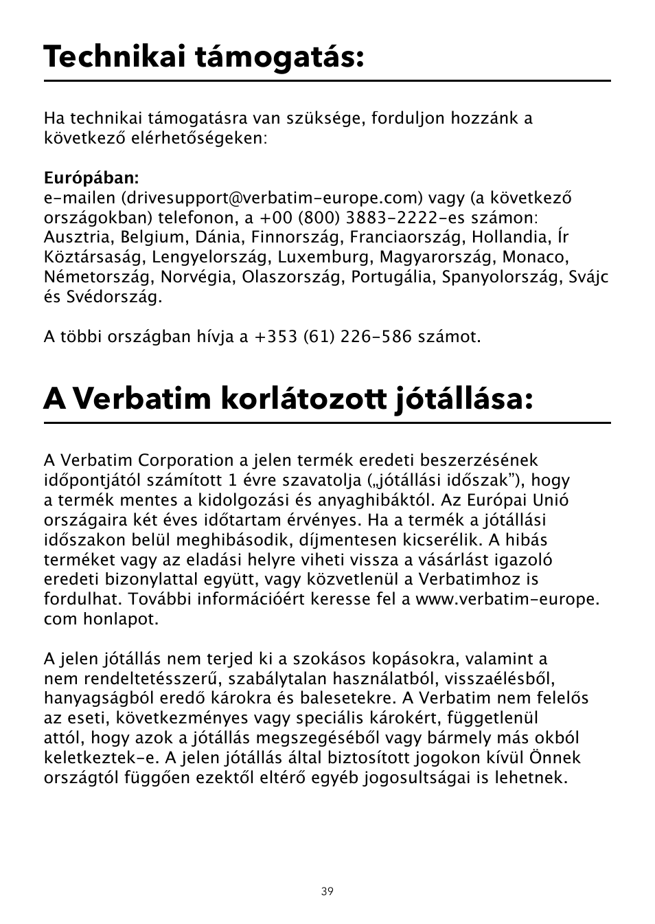 A verbatim korlátozott jótállása, Technikai támogatás | Verbatim USB Speaker System User Manual | Page 40 / 48
