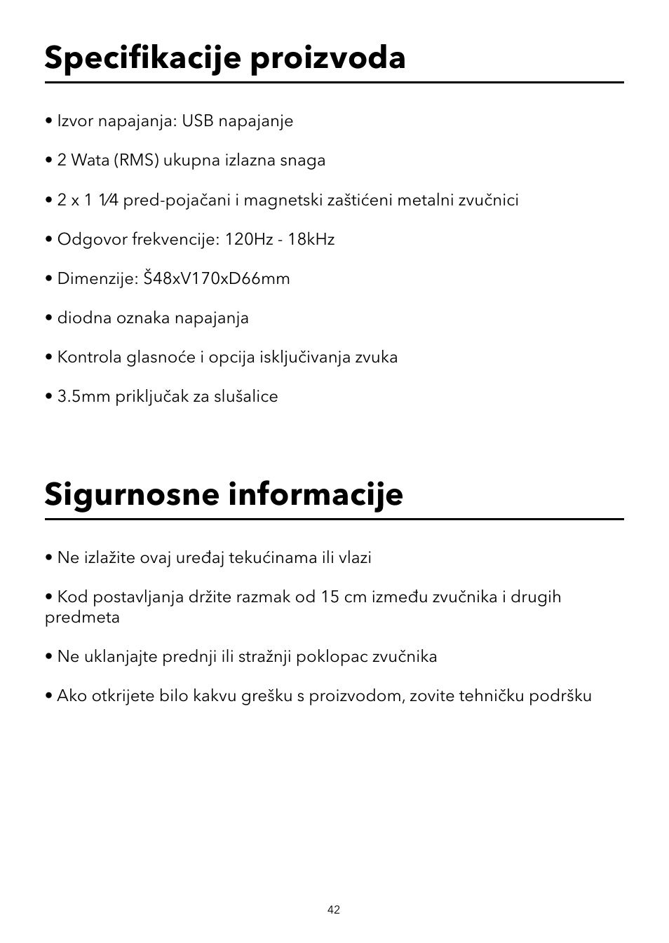 Speciﬁ kacije proizvoda, Sigurnosne informacije | Verbatim USB Speaker System User Manual | Page 43 / 48
