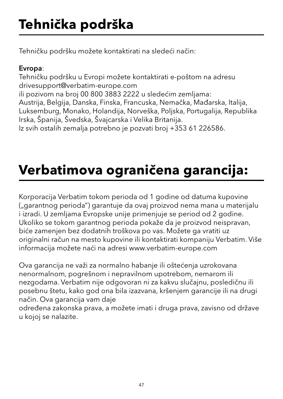 Verbatimova ograničena garancija, Tehnička podrška | Verbatim USB Speaker System User Manual | Page 48 / 48