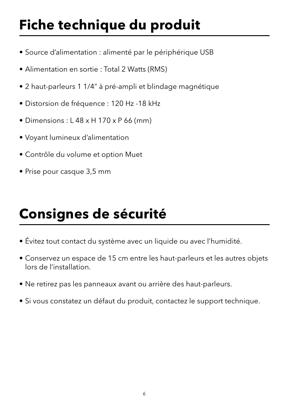 Fiche technique du produit, Consignes de sécurité | Verbatim USB Speaker System User Manual | Page 7 / 48