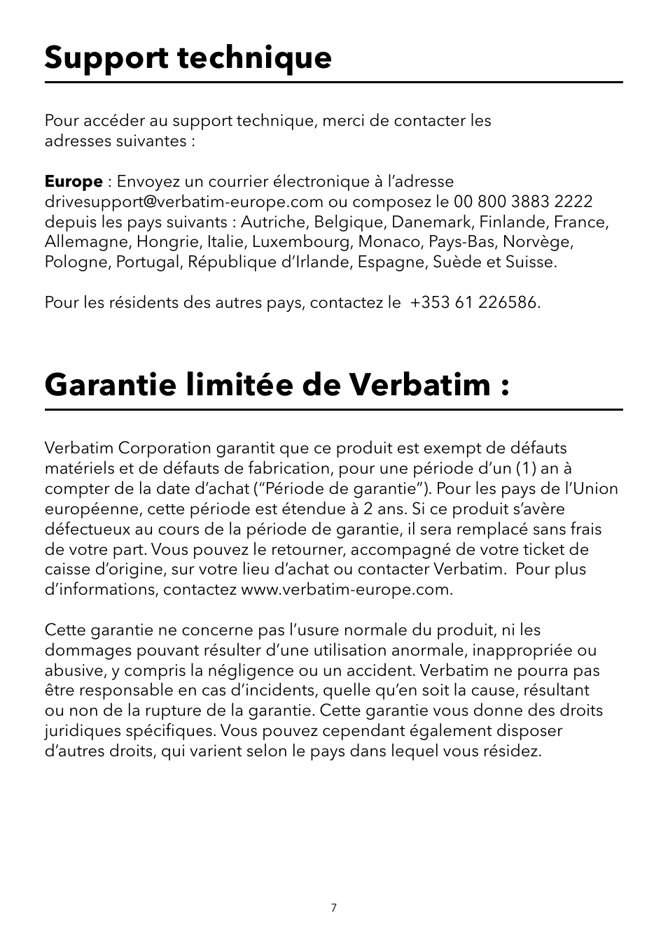 Garantie limitée de verbatim, Support technique | Verbatim USB Speaker System User Manual | Page 8 / 48