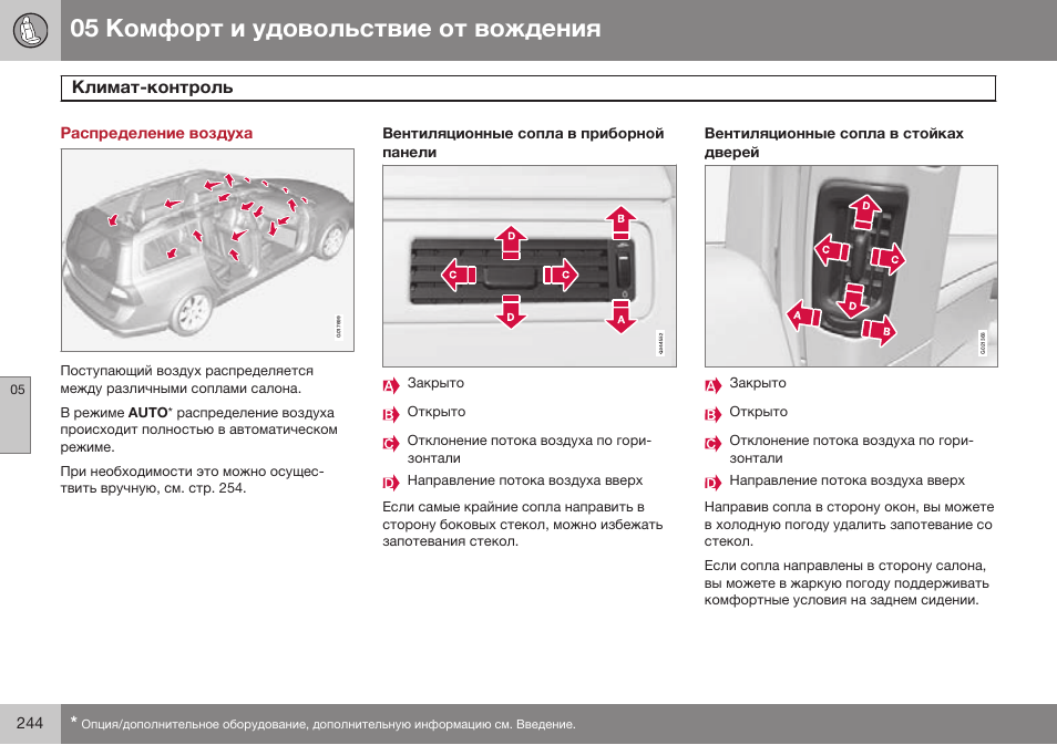 Распределение воздуха, Вентиляционные сопла в приборной панели, Вентиляционные сопла в стойках дверей | Volvo XC70 MY14 руководство по эксплуатации User Manual | Page 246 / 492