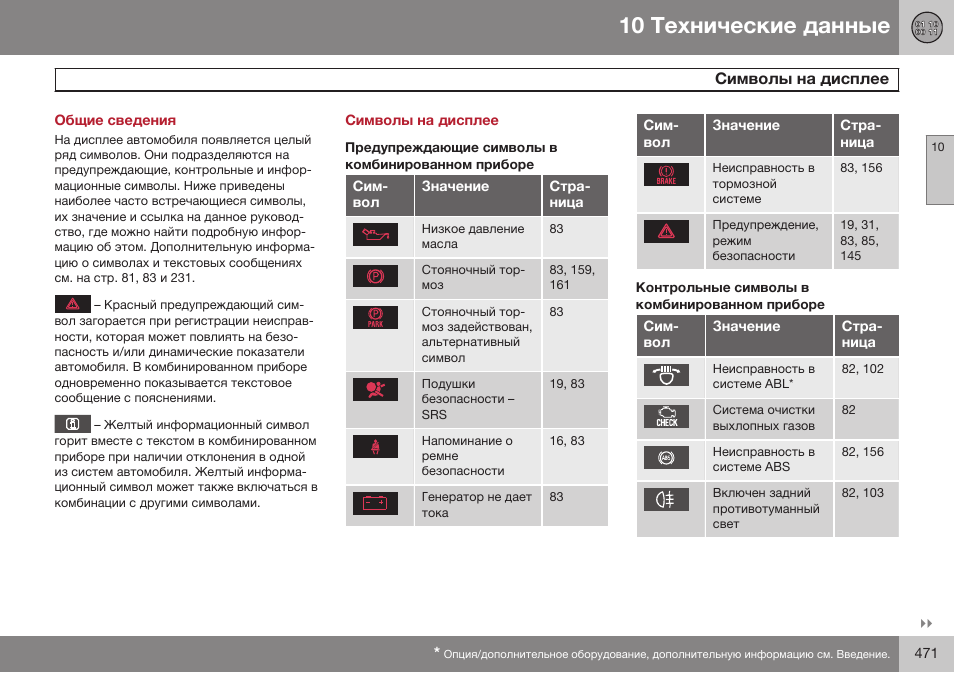 Общие сведения, Символы на дисплее, Предупреждающие символы в комбинированном приборе | Контрольные символы в комбинированном приборе | Volvo XC70 MY14 руководство по эксплуатации User Manual | Page 473 / 492