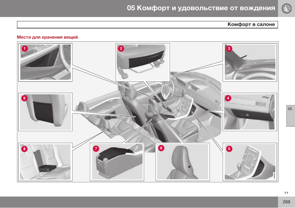 Места для хранения вещей, Комфорт в салоне | Volvo S80 MY14 руководство по эксплуатации User Manual | Page 271 / 478