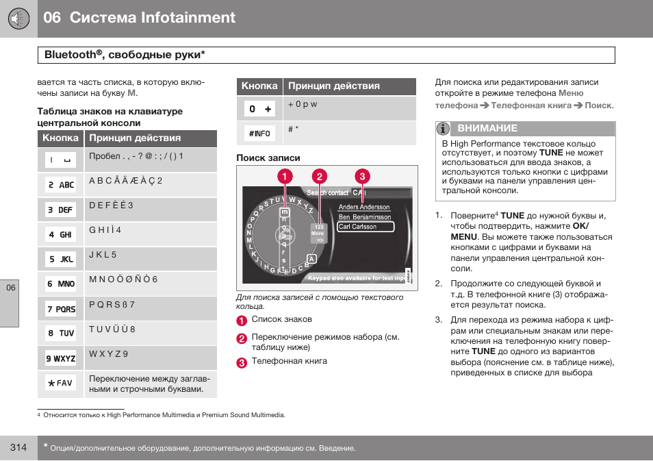 Таблица знаков на клавиатуре центральной консоли, Поиск записи, 06 infoгainmenг | Blдeгooгh | Volvo S80 MY14 руководство по эксплуатации User Manual | Page 316 / 478