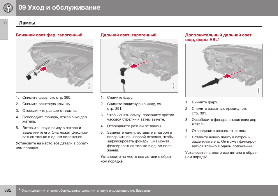 Ближний свет фар, галогенный, Дальний свет, галогенный, Дополнительный дальний свет фар, фары abl | Volvo S80 MY14 руководство по эксплуатации User Manual | Page 394 / 478