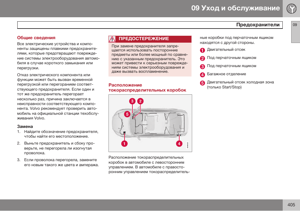 Общие сведения, Предохранители, Расположение токораспределительных коробок | Volvo S80 MY14 руководство по эксплуатации User Manual | Page 407 / 478