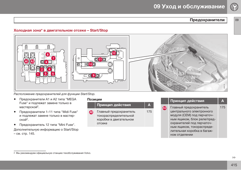 Холодная зона* в двигательном отсеке – start/stop, Позиции | Volvo S80 MY14 руководство по эксплуатации User Manual | Page 417 / 478