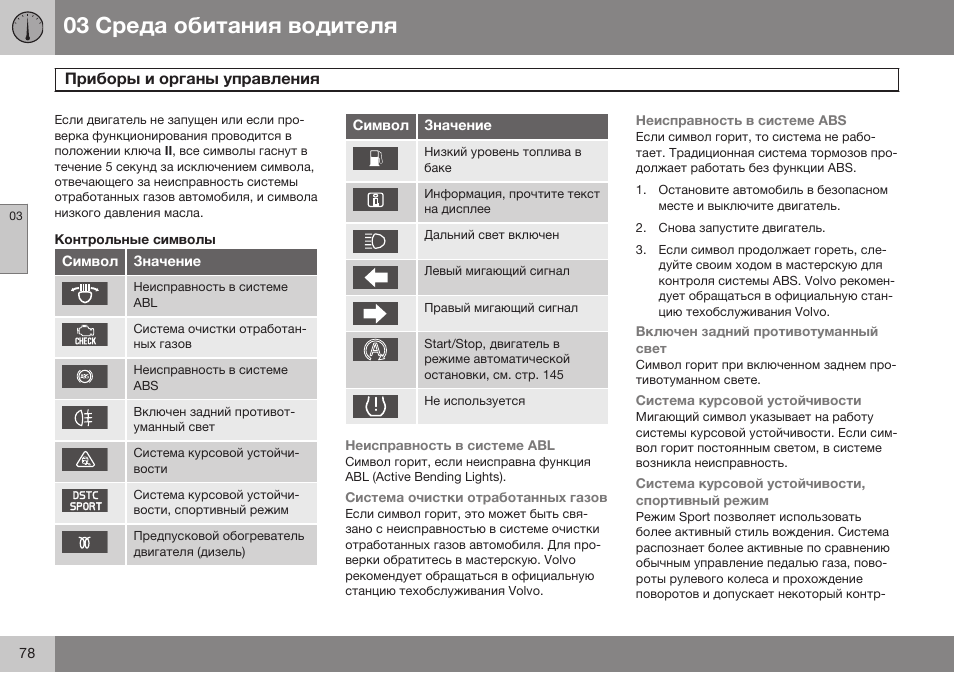 Контрольные символы | Volvo S80 MY14 руководство по эксплуатации User Manual | Page 80 / 478