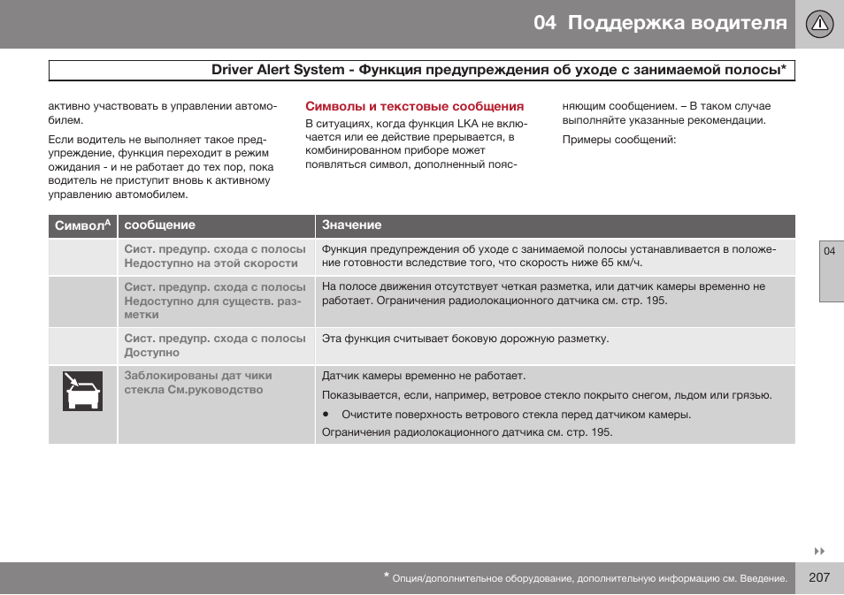 Символы и текстовые сообщения, Dбiеeб aleбг sивгem | Volvo V40 Cross Country MY14 руководство по эксплуатации User Manual | Page 209 / 472