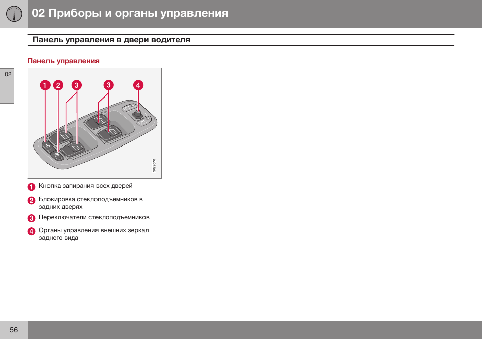 Панель управления в двери водителя | Volvo XC90 MY14 руководство по эксплуатации User Manual | Page 58 / 340