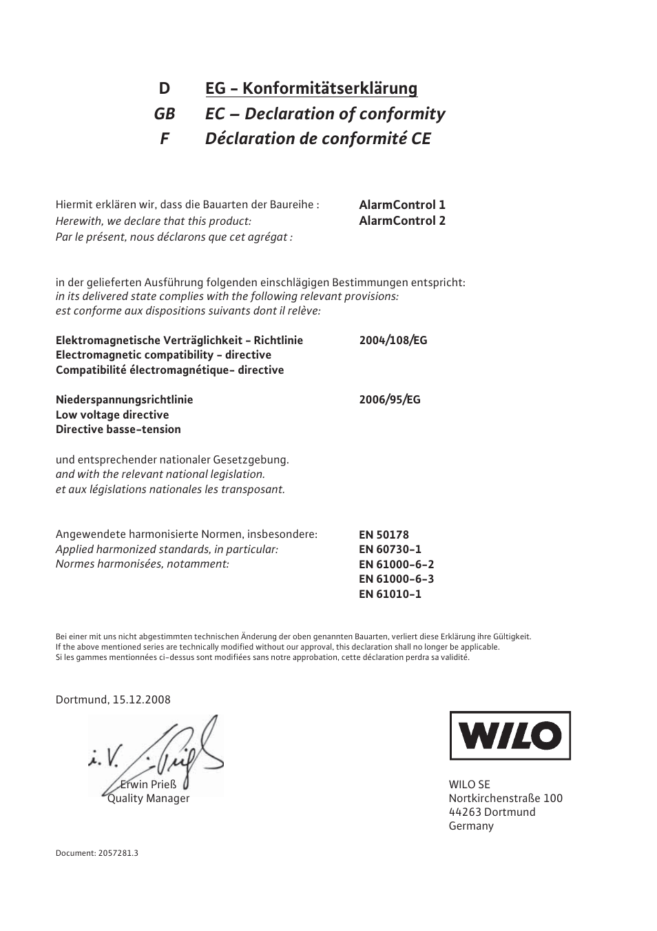 Deg - konformitätserklärung, Gb ec – declaration of conformity, Fdéclaration de conformité ce | Wilo AlarmControl User Manual | Page 125 / 128