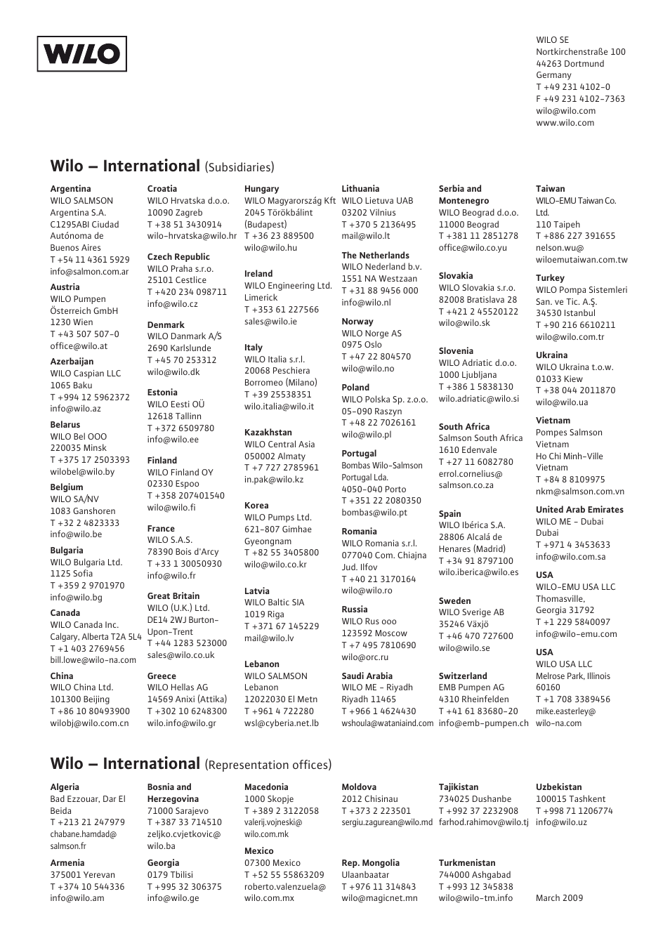 Wilo – international, Subsidiaries), Representation offices) | Wilo AlarmControl User Manual | Page 127 / 128
