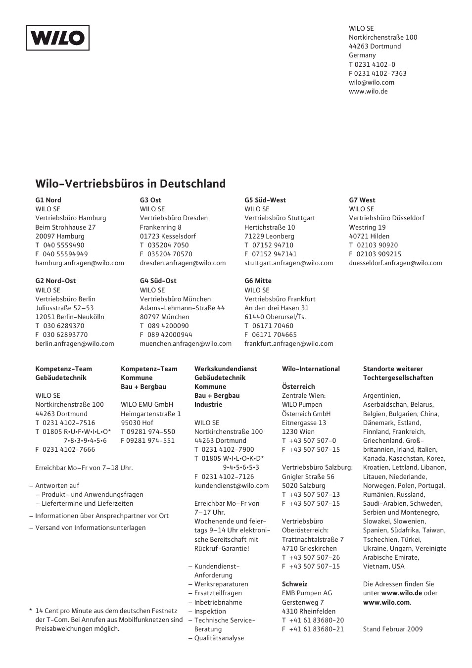Wilo-vertriebsbüros in deutschland | Wilo AlarmControl User Manual | Page 128 / 128