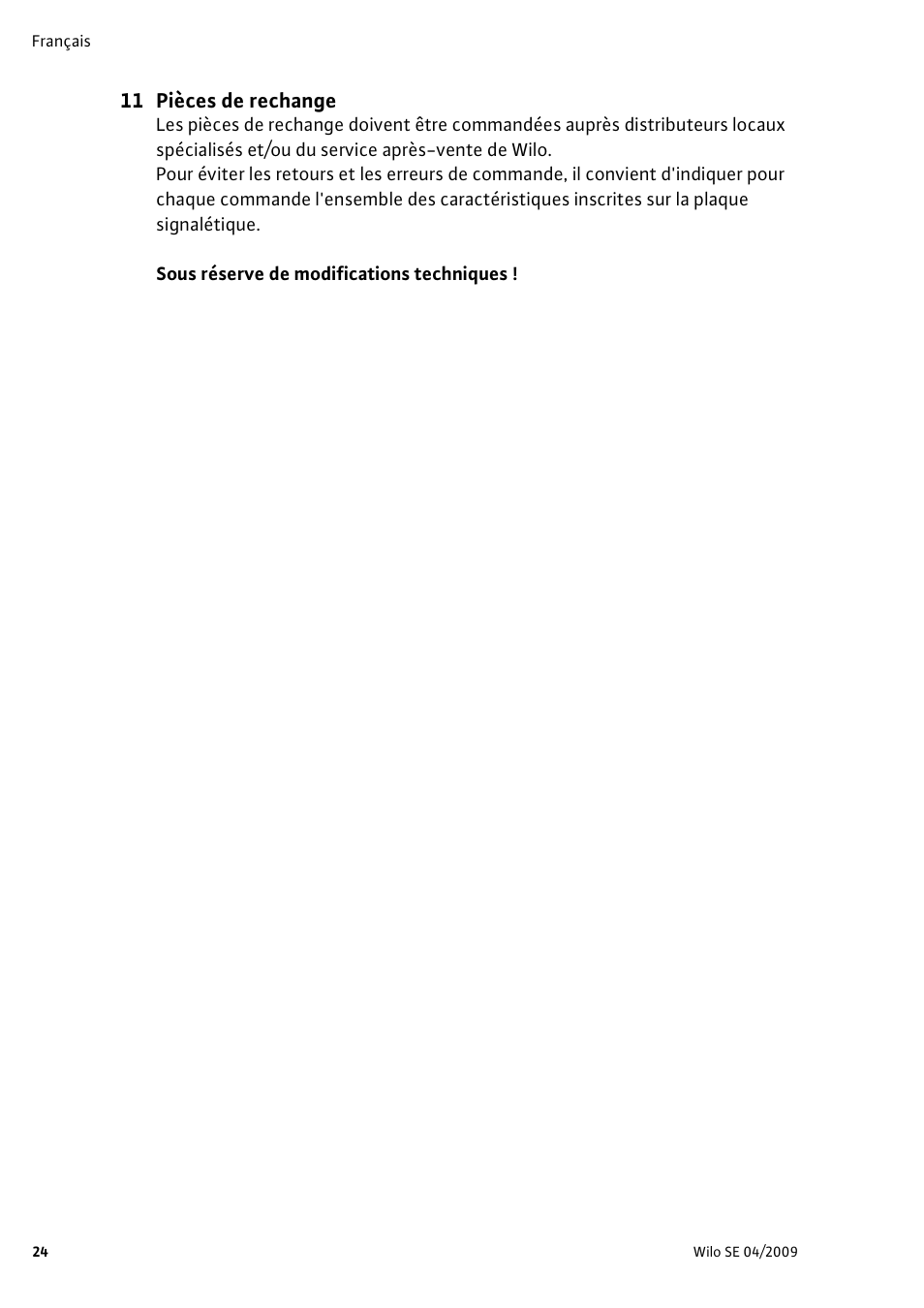 11 pièces de rechange | Wilo AlarmControl User Manual | Page 28 / 128