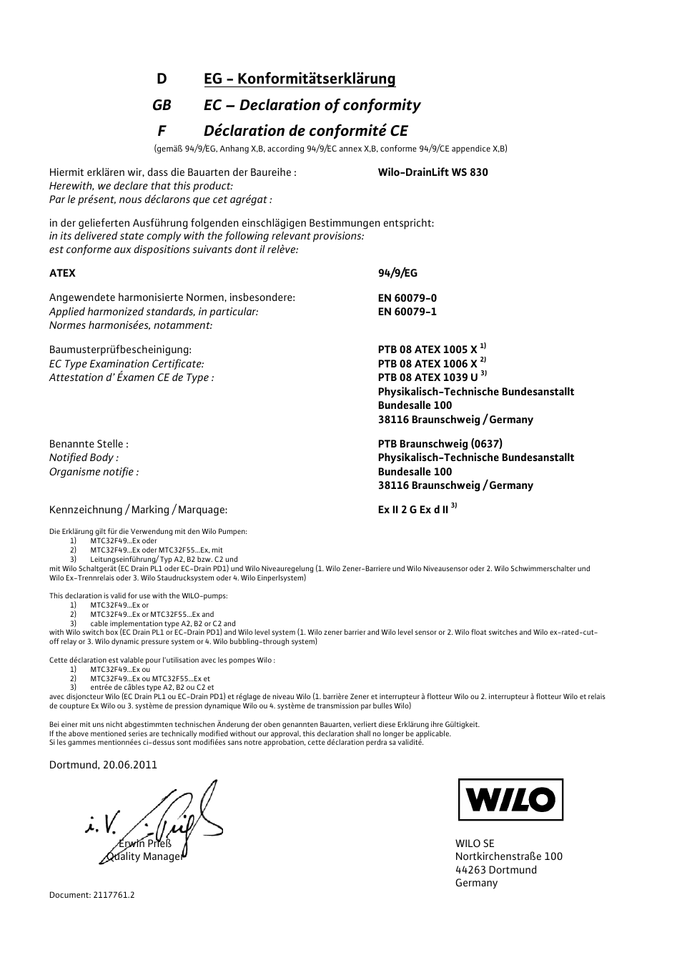 Wilo DrainLift WS 830 User Manual | Page 20 / 26