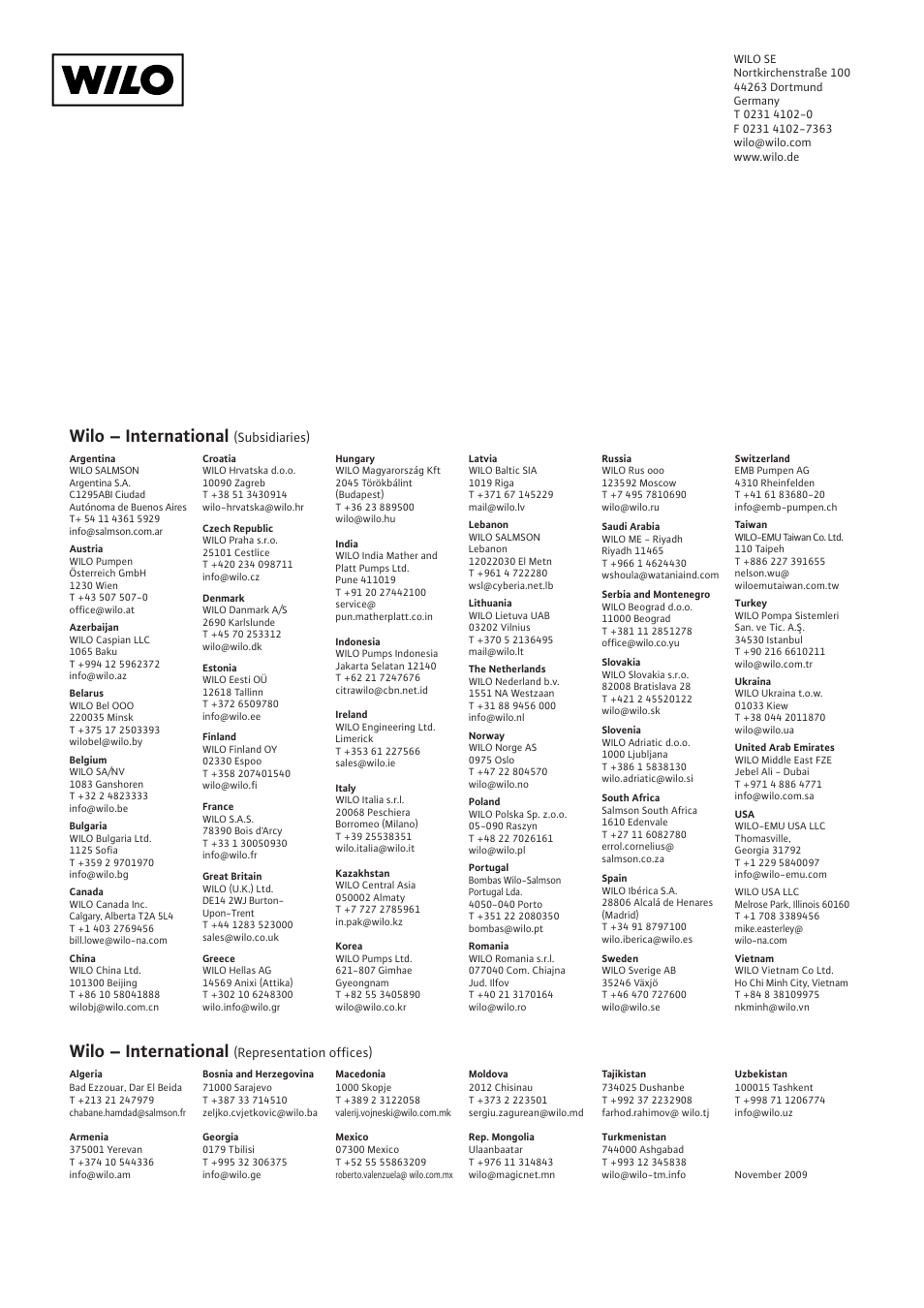 Wilo – international, Subsidiaries), Representation offices) | Wilo TWI 5-SE User Manual | Page 17 / 18