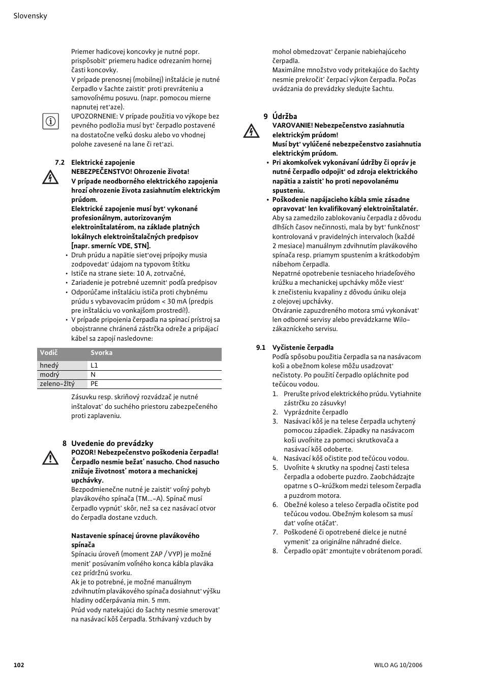 2 elektrické zapojenie, 8 uvedenie do prevádzky, 9 údr˛ba | 1 vyèistenie èerpadla | Wilo Drain TM 25_6 User Manual | Page 104 / 124