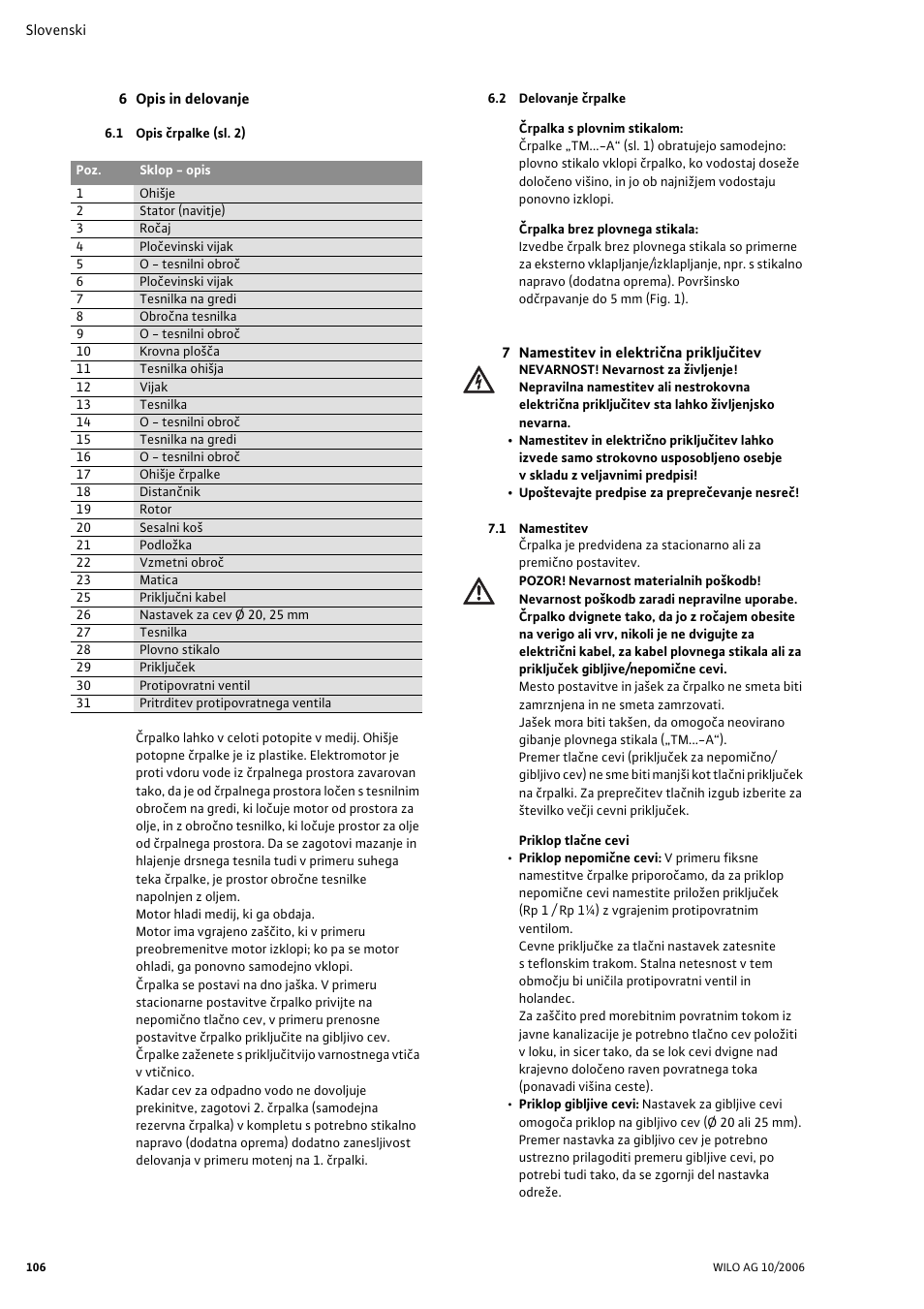 6 opis in delovanje, 1 opis èrpalke (sl. 2), 2 delovanje èrpalke | 7 namestitev in elektrièna prikljuèitev, 1 namestitev | Wilo Drain TM 25_6 User Manual | Page 108 / 124
