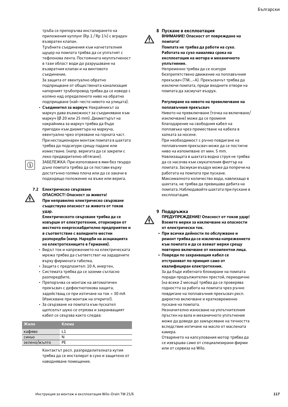 2 eëåêò²ическо свъ²зване, 8 пускане в експлоатациш, 9 подд²ъжка | Wilo Drain TM 25_6 User Manual | Page 119 / 124