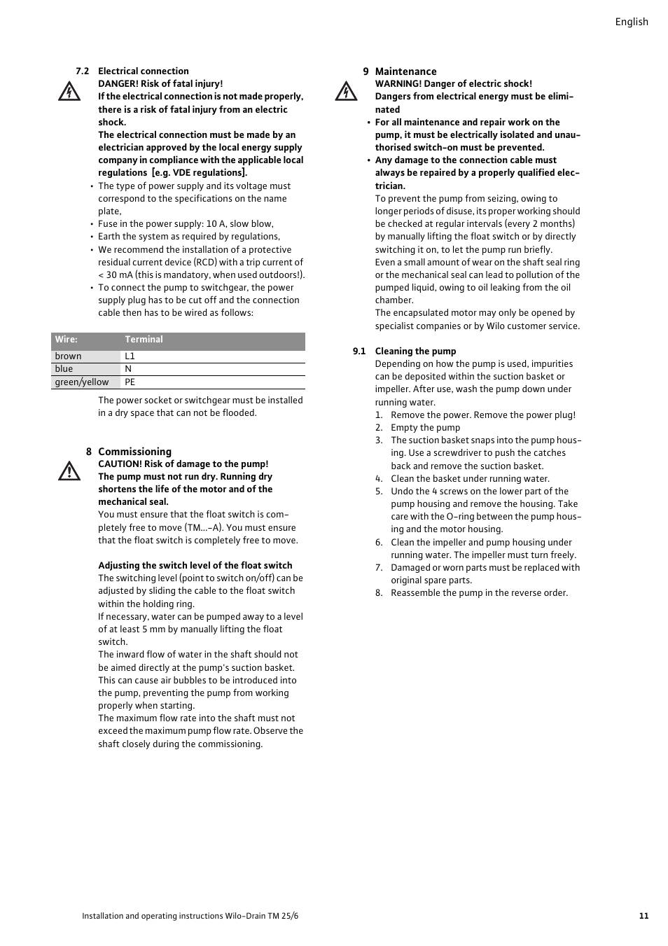 2 electrical connection, 8 commissioning, 9 maintenance | 1 cleaning the pump | Wilo Drain TM 25_6 User Manual | Page 12 / 124