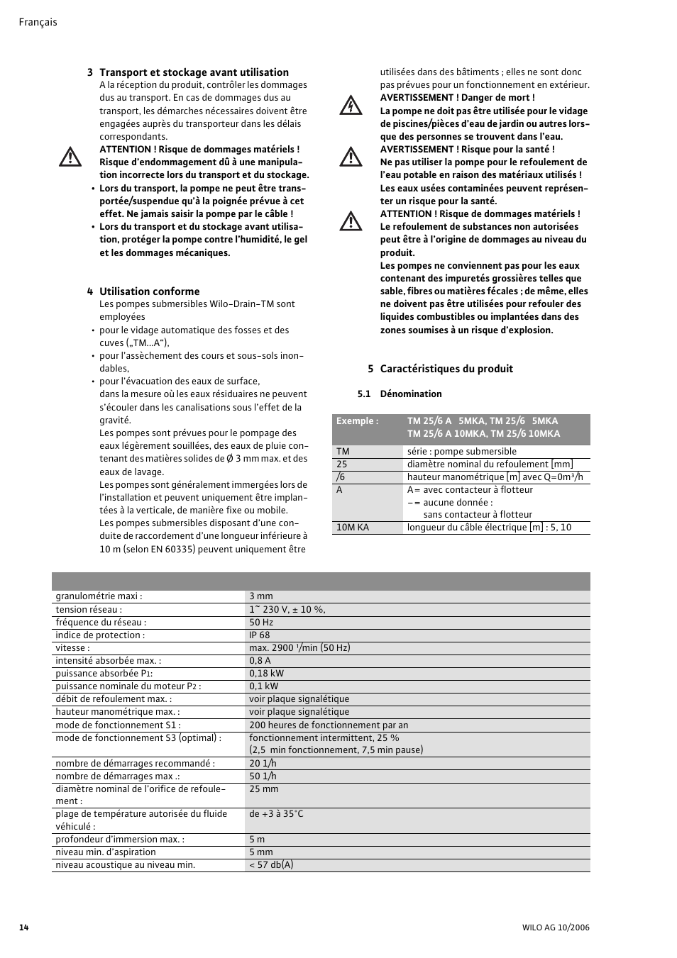 3 transport et stockage avant utilisation, 4 utilisation conforme, 5 caractéristiques du produit | 1 dénomination, Caractéristiques techniques | Wilo Drain TM 25_6 User Manual | Page 15 / 124