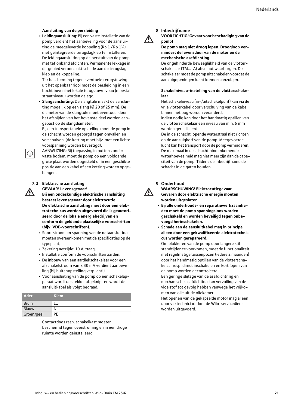 2 elektrische aansluiting, 8 inbedrijfname, 9 onderhoud | Wilo Drain TM 25_6 User Manual | Page 23 / 124
