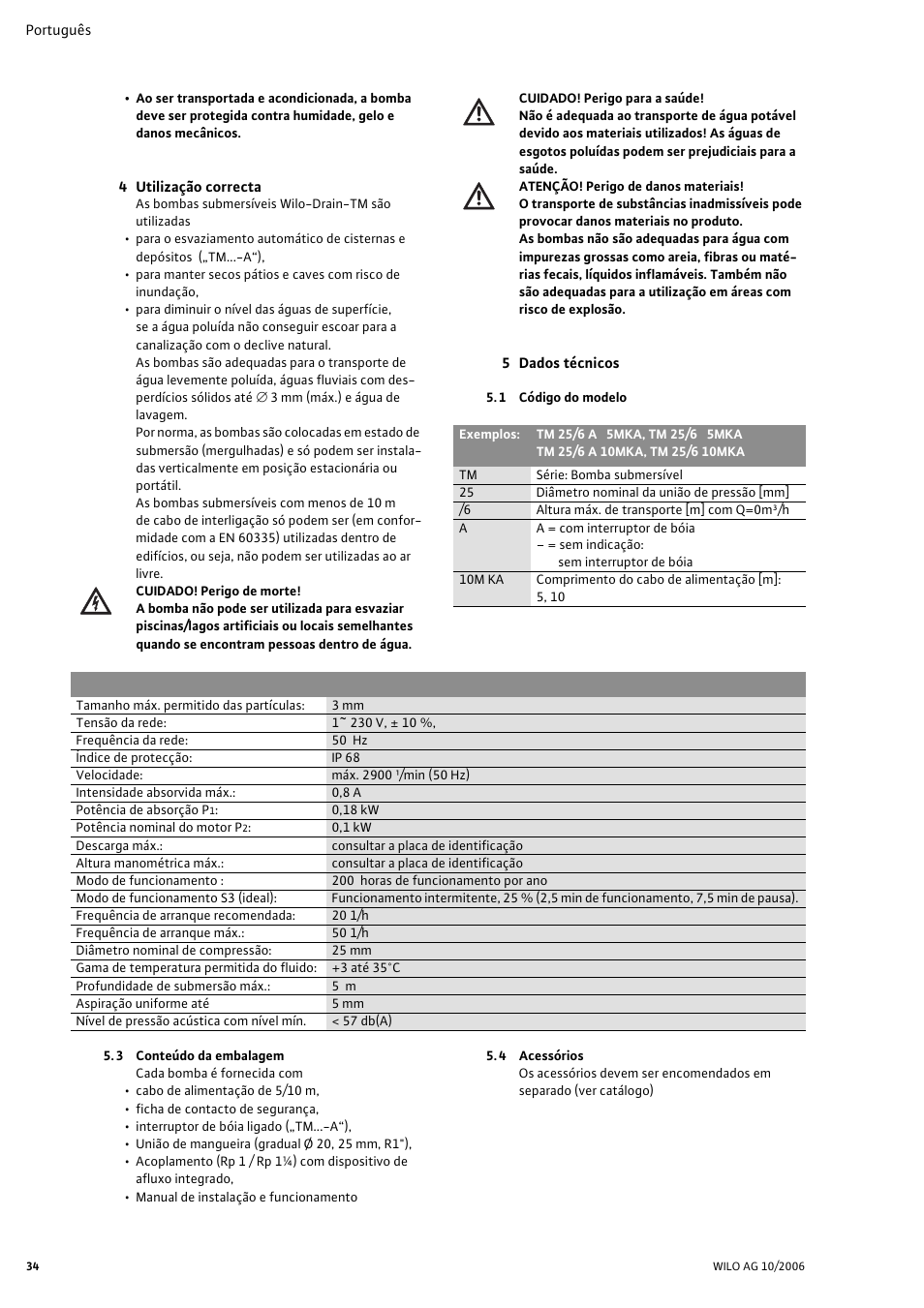 4 utilização correcta, 5 dados técnicos, 1 código do modelo | Características técnicas, 3 conteúdo da embalagem, 4 acessórios | Wilo Drain TM 25_6 User Manual | Page 36 / 124