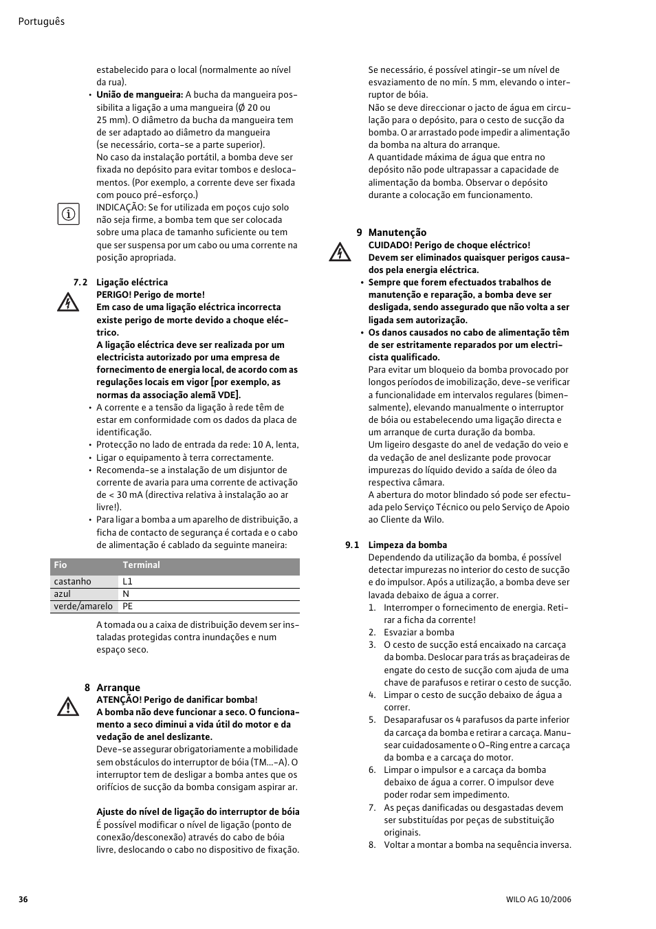 2 ligação eléctrica, 8 arranque, 9 manutenção | 1 limpeza da bomba | Wilo Drain TM 25_6 User Manual | Page 38 / 124