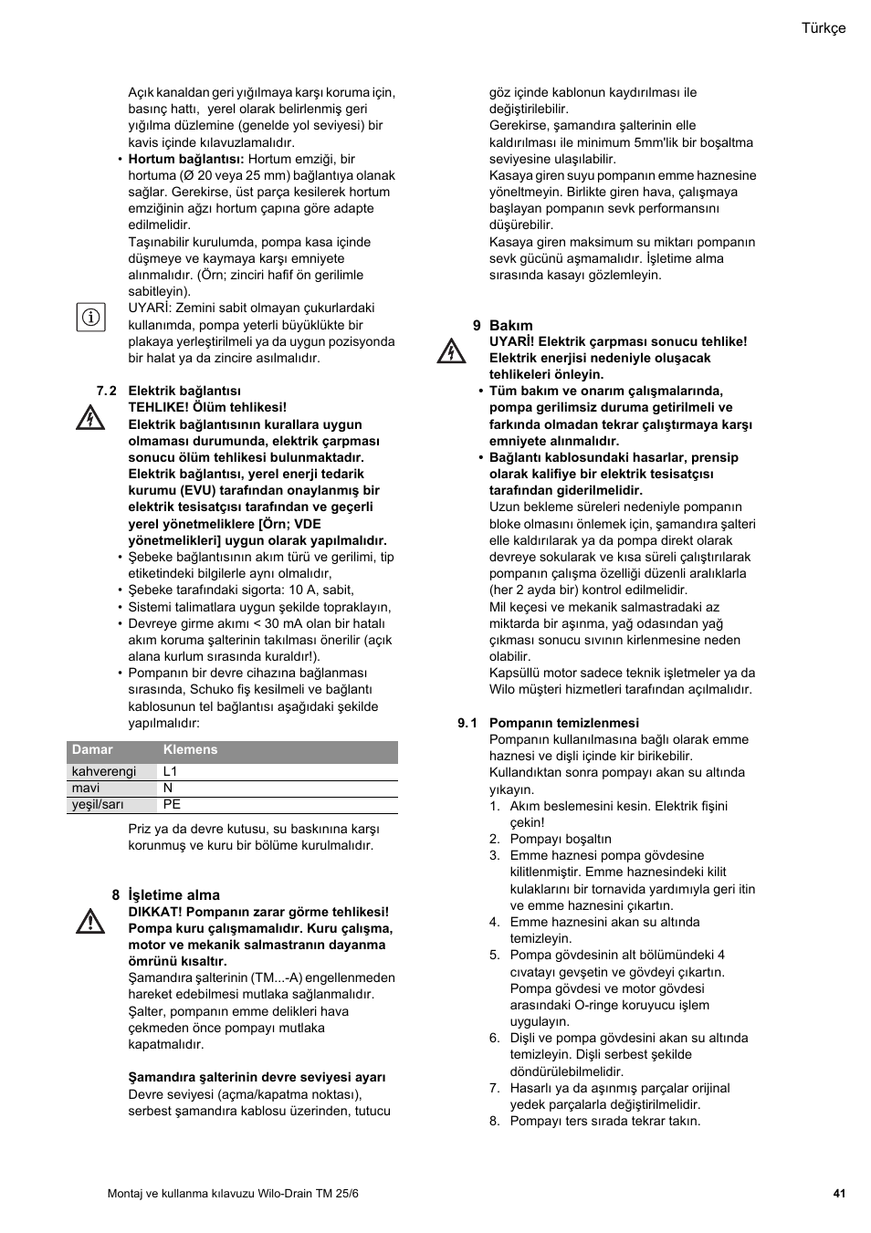 2 elektrik ba²lantæsæ, 8 å letime alma, 9 bakæm | 1 pompanæn temizlenmesi | Wilo Drain TM 25_6 User Manual | Page 43 / 124