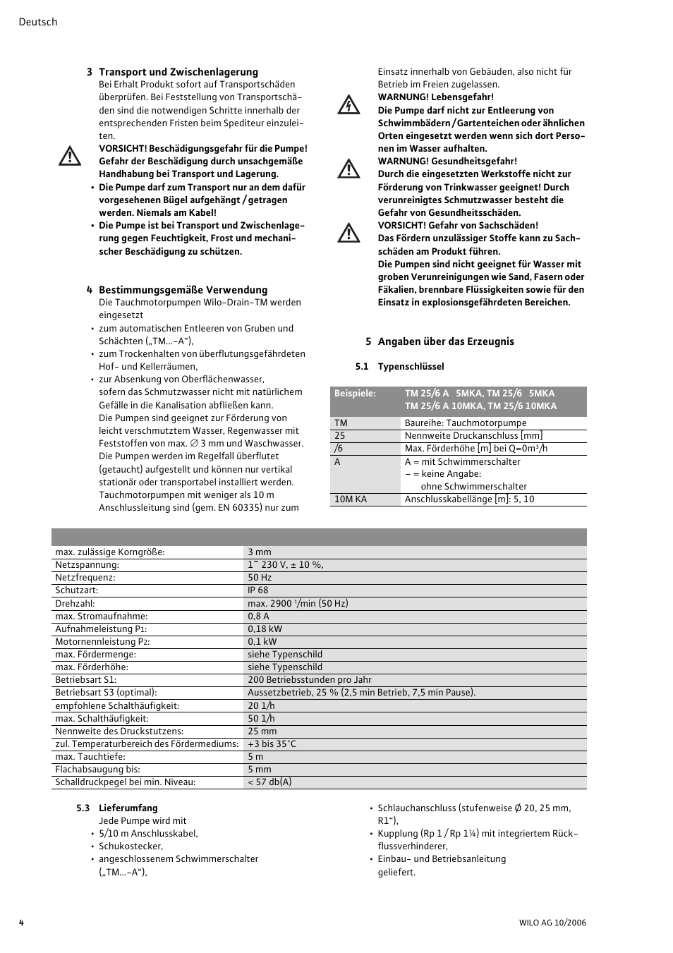3 transport und zwischenlagerung, 4 bestimmungsgemäße verwendung, 5 angaben über das erzeugnis | 1 typenschlüssel, Technische daten, 3 lieferumfang | Wilo Drain TM 25_6 User Manual | Page 5 / 124