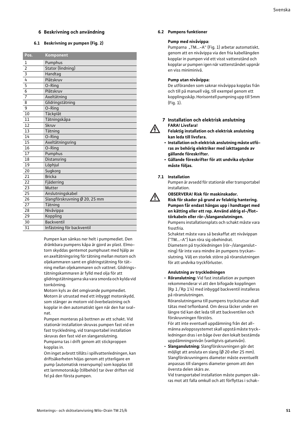 6 beskrivning och användning, 1 beskrivning av pumpen (fig. 2), 2 pumpens funktioner | 7 installation och elektrisk anslutning, 1 installation | Wilo Drain TM 25_6 User Manual | Page 53 / 124
